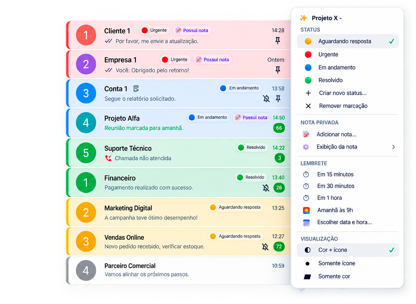 Menu do BilioAI em uma conversa do WhatsApp Web com status, notas privadas, lembretes e opções de visualização.