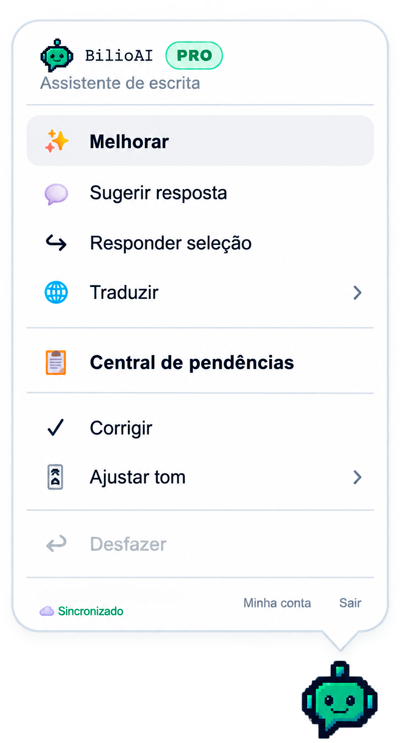 BilioAI aberto no WhatsApp Web mostrando ferramentas de inteligência artificial para melhorar, responder, traduzir, corrigir e ajustar mensagens.