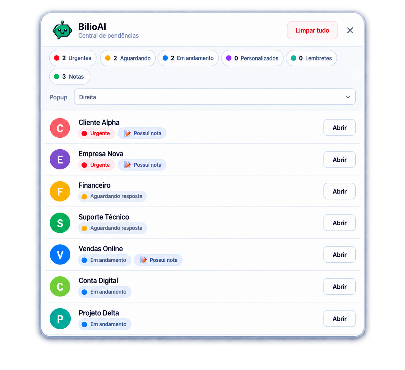 Central de Pendências do BilioAI mostrando conversas urgentes, aguardando resposta, em andamento, notas e lembretes.