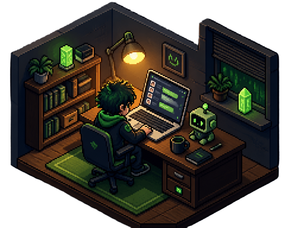 Cena em pixel art de uma pessoa usando o BilioAI em um computador com o WhatsApp Web aberto